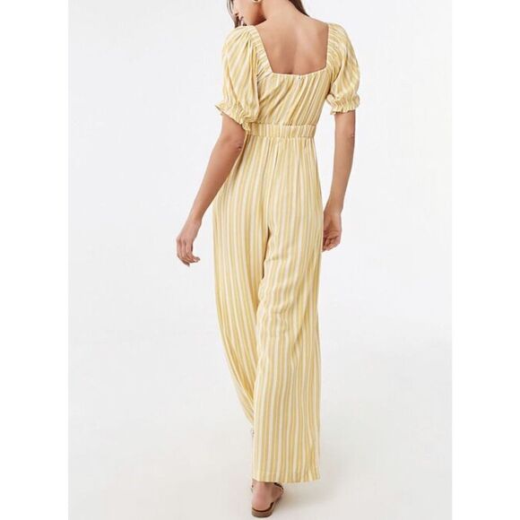 FOREVER 21 Womens Yellow Cream Striped Knotted Jumpsuit NEW Wide-Leg Sz Small S - Picture 3 of 12